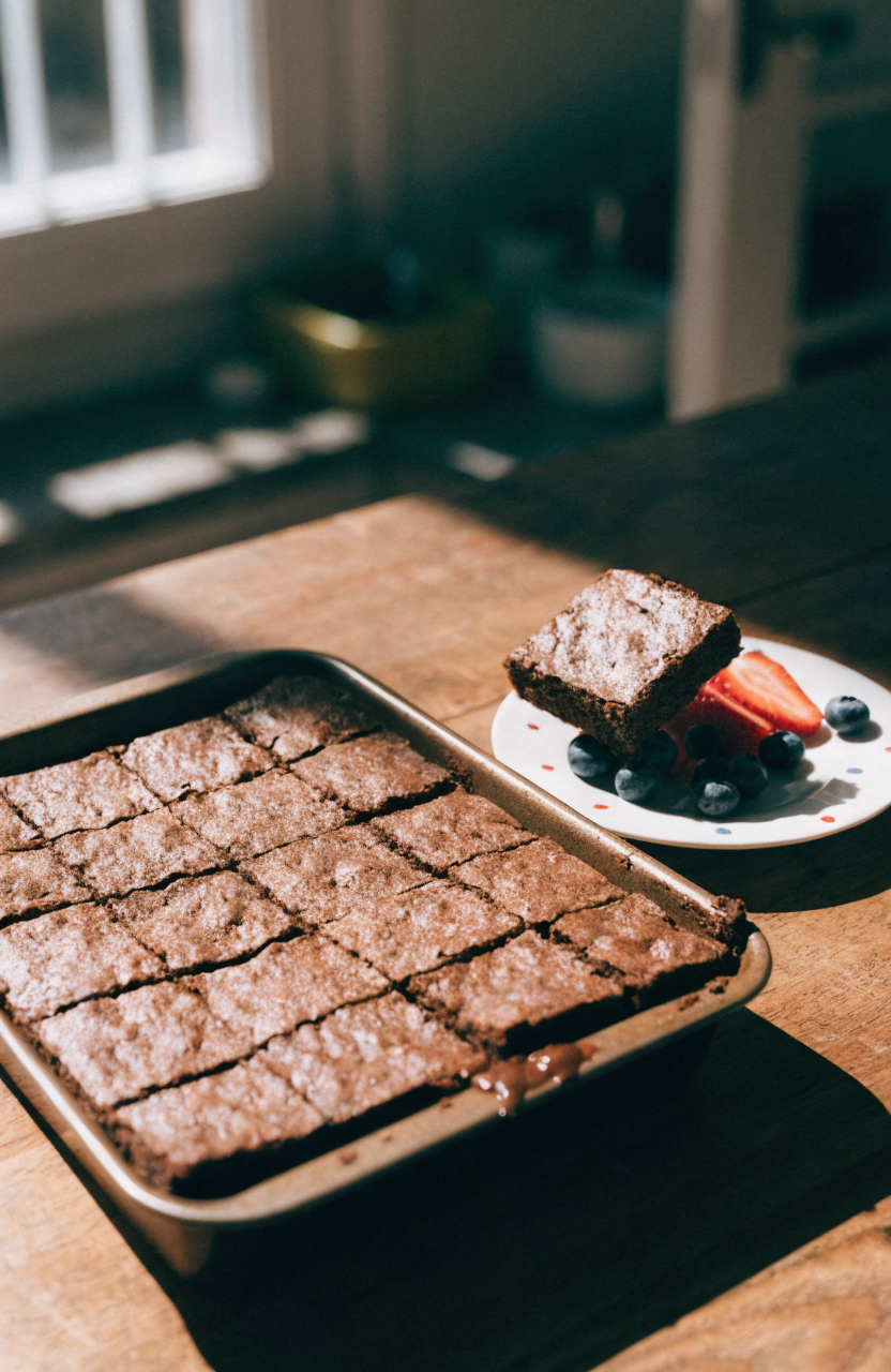 A platter of 4th of July brownies on a wooden table with a crackly top and berry garnish
