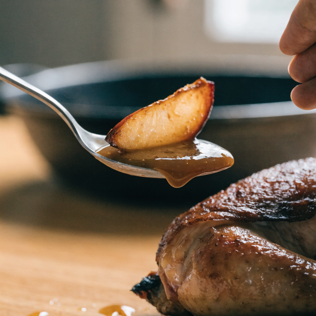 Close-up of apple cider chicken (french-style normandy chicken)
