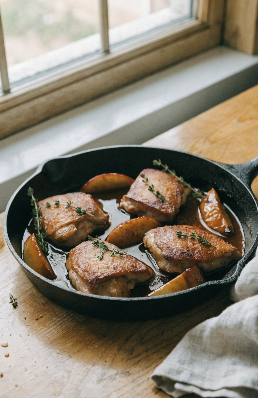 Skillet of apple cider chicken with roasted apples and thyme
