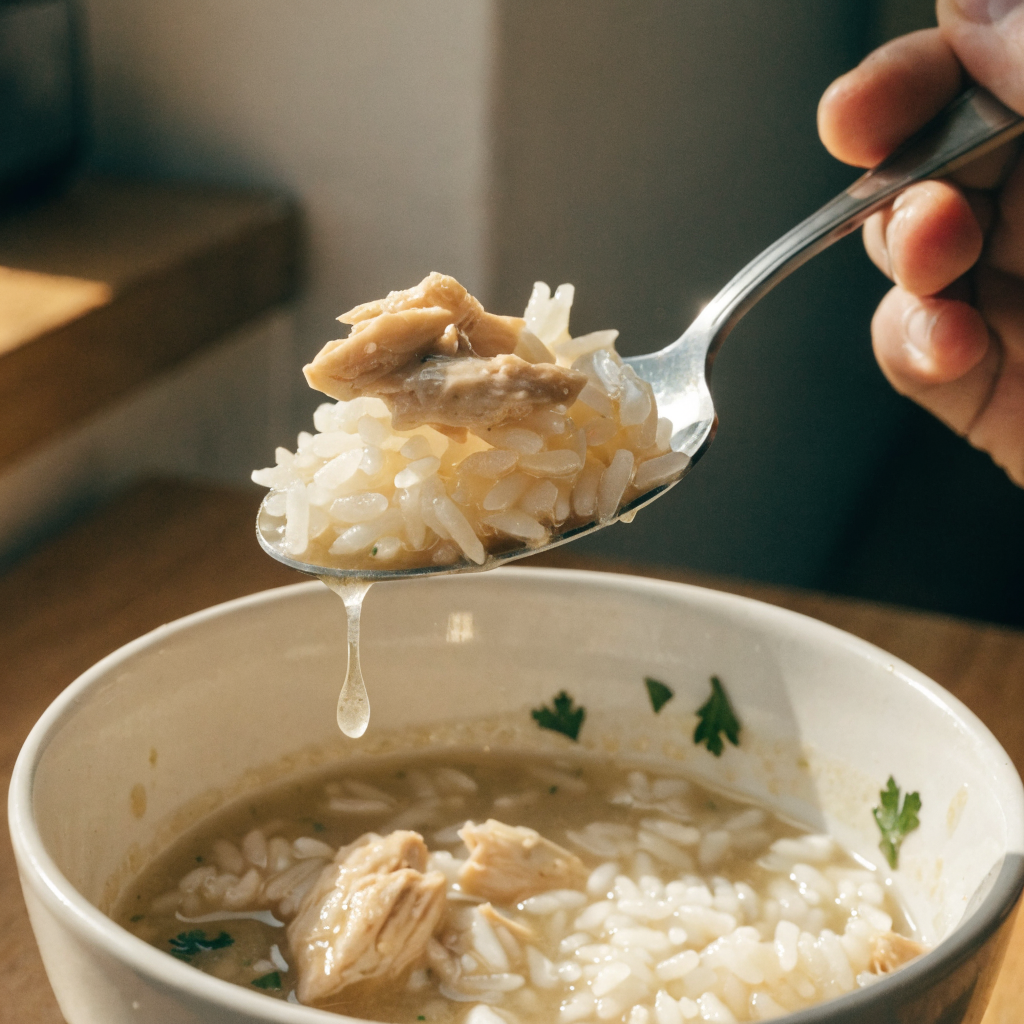Close-up of no-fail chicken rice soup (stovetop or slow cooker)