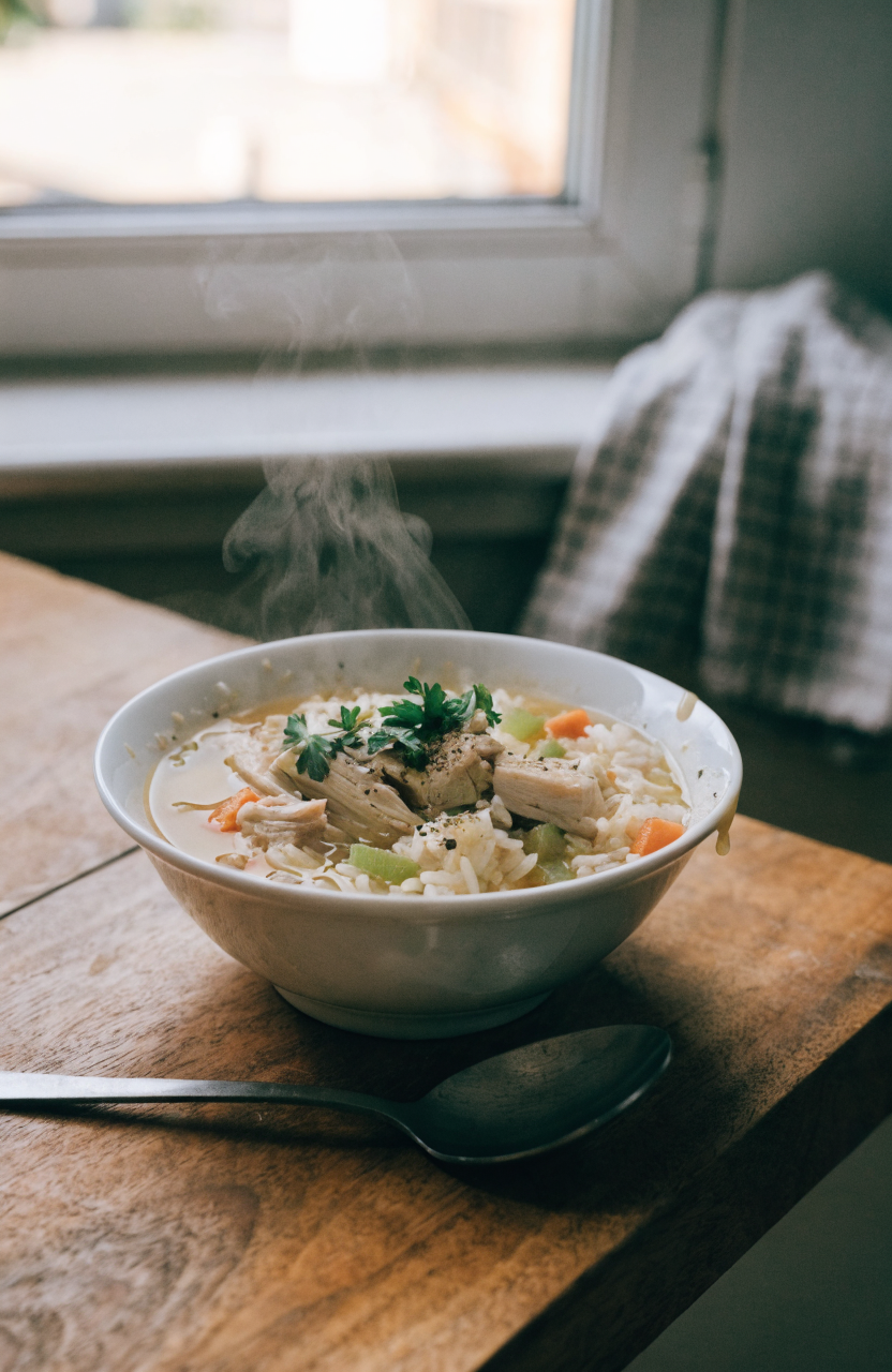 Bowl of chicken rice soup with shredded chicken, herbs, and separate long-grain rice