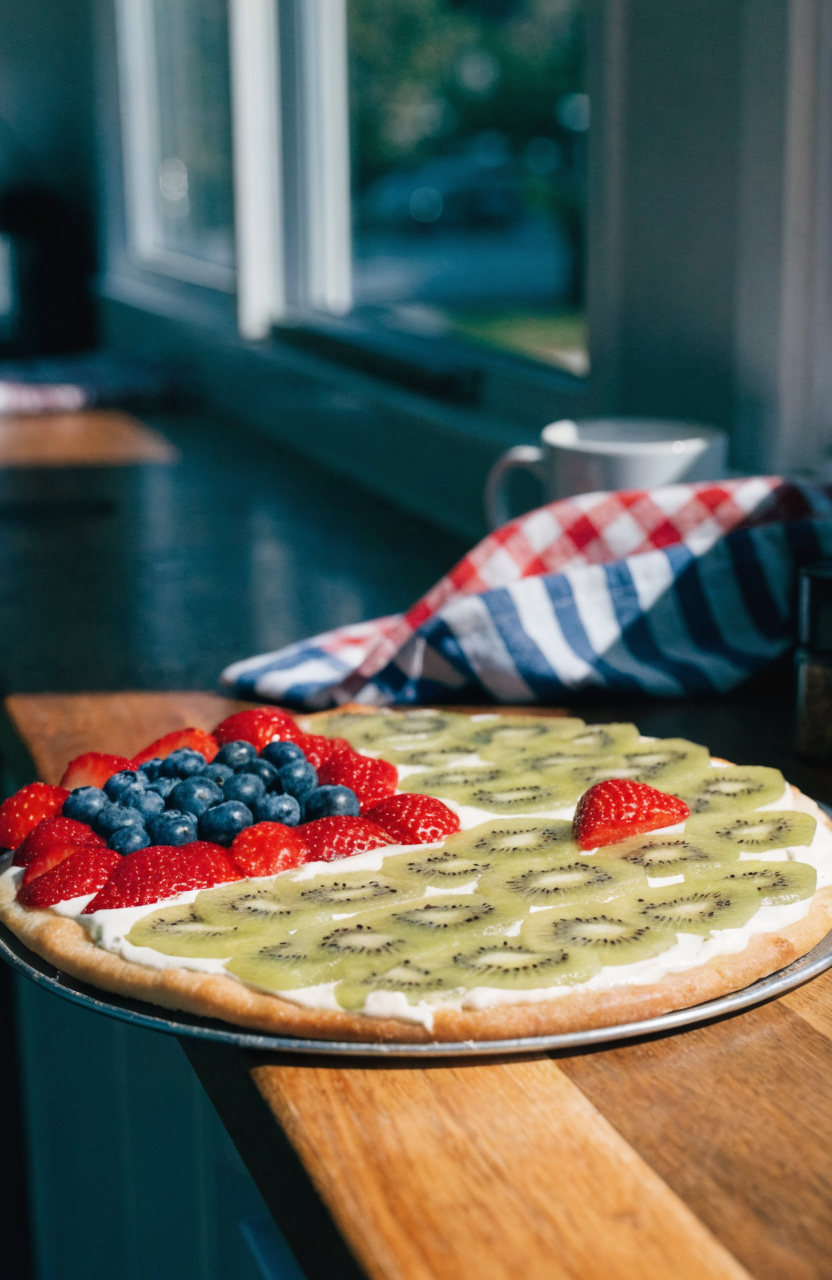 Flag fruit pizza on a round pan with blueberries and strawberries arranged like a flag