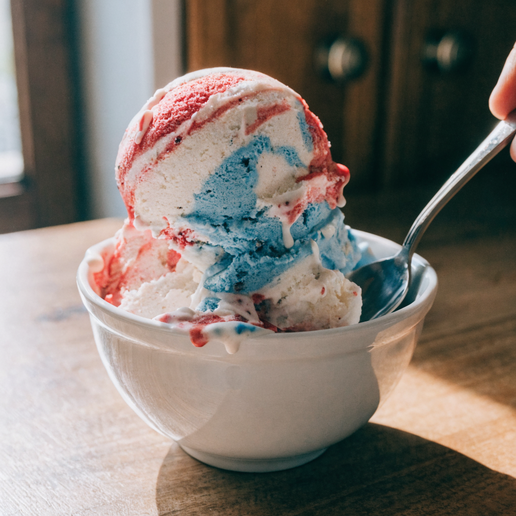 Close-up of patriotic no churn ice cream (red, white & blue)
