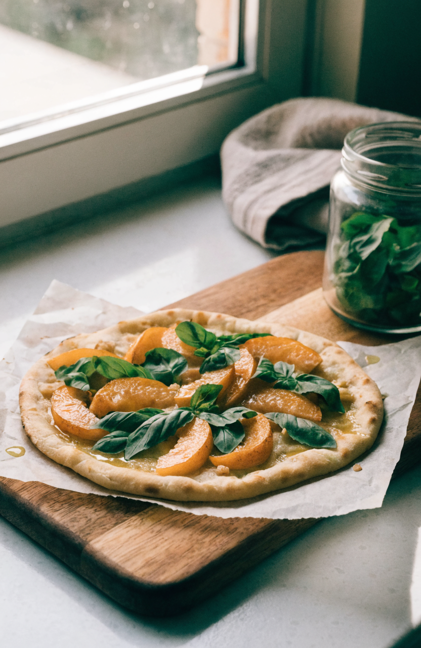 Peach basil naan pizza on a wooden board with torn basil and golden crust, visible in slice