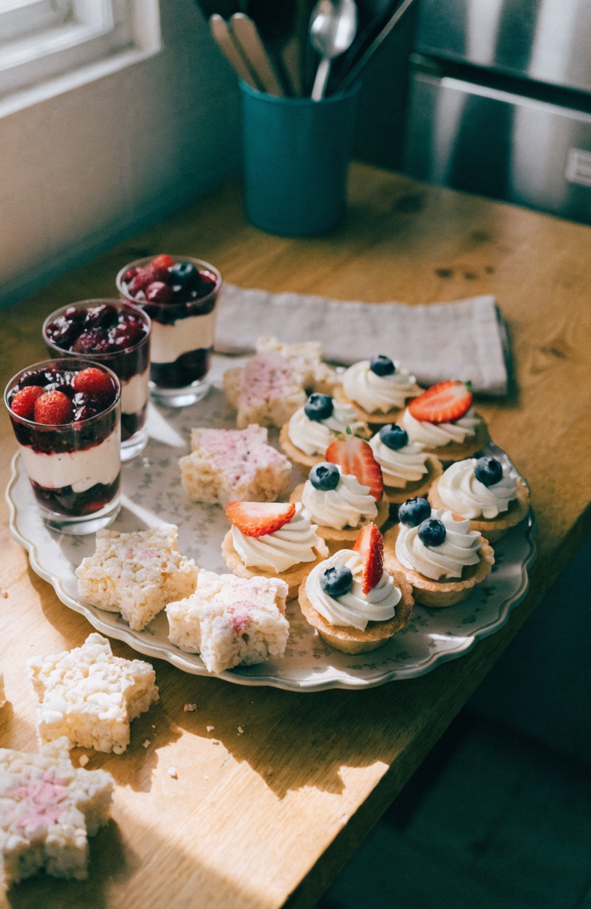 Platter of red white and blue treats with mini berry parfaits, star Rice Krispie bites, and cream-filled tartlets