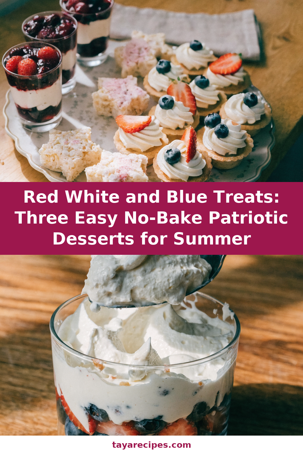 Red White and Blue Treats Platter: Mini Parfaits, Tartlets, and Rice Krispie Stars