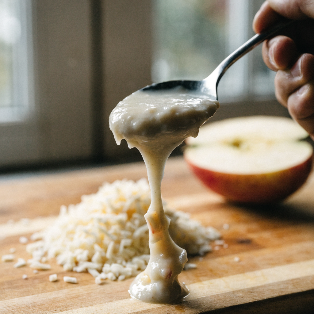 Close-up of creamy white cheddar cheese and apple soup