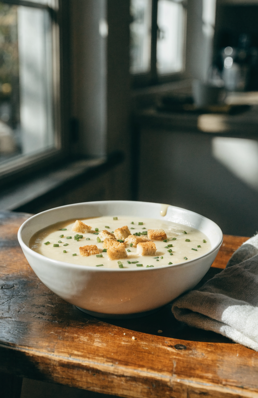 Bowl of white cheddar cheese and apple soup garnished with chives and croutons, white cheddar and apple slices on the counter.