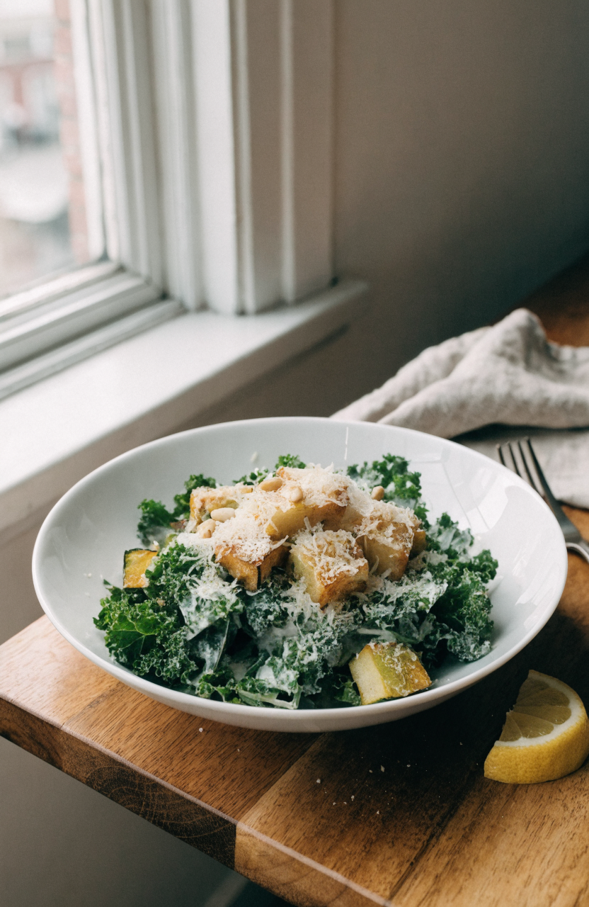 Bowl of massaged kale and parmesan-panko delicata squash in an autumn caesar salad