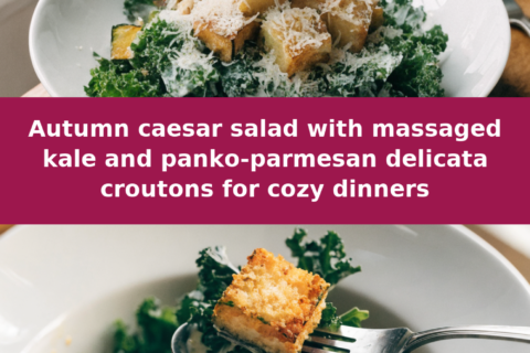 Autumn caesar salad with massaged kale and panko-parmesan delicata croutons for cozy dinners Pinterest recipe pin