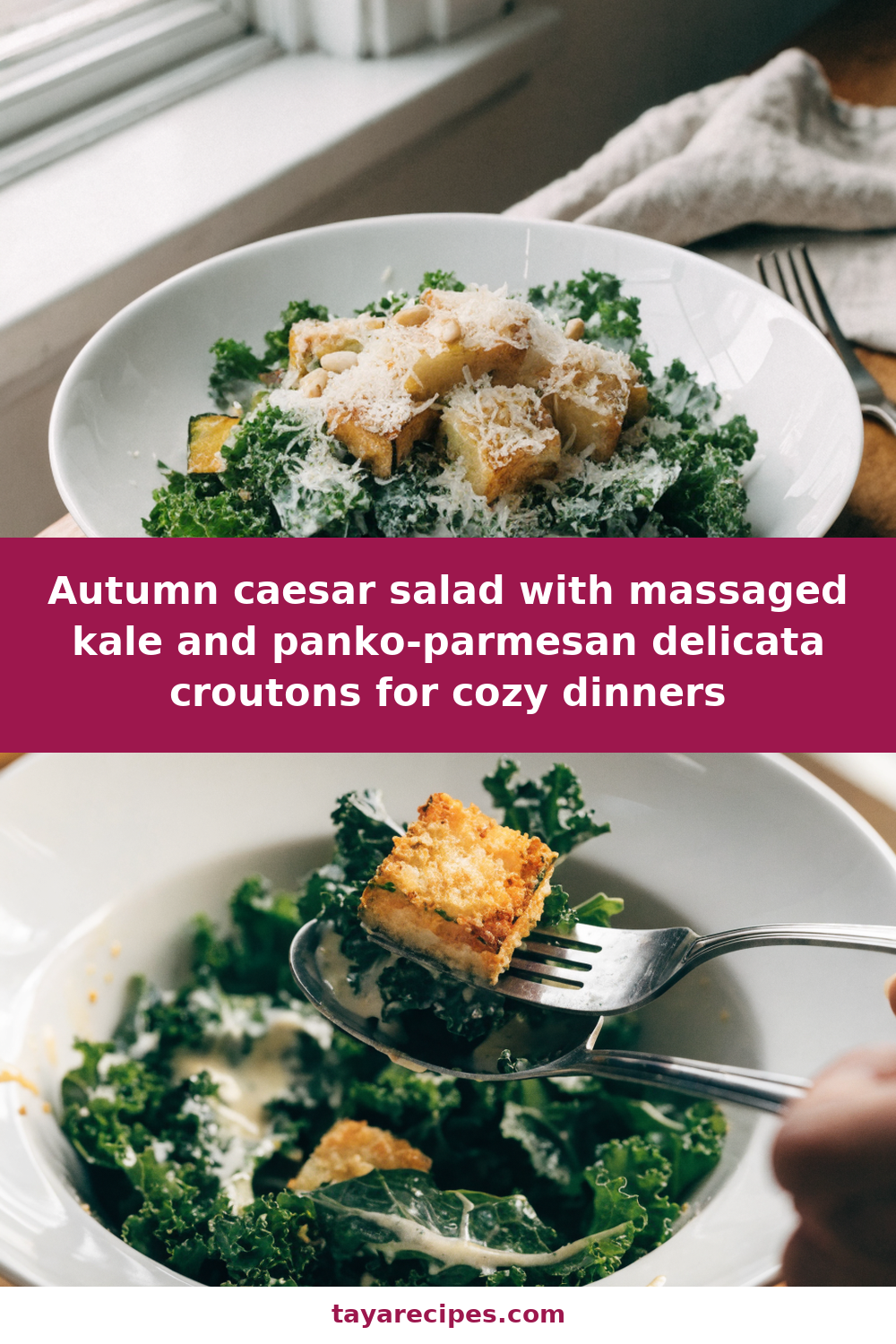 Autumn caesar salad with massaged kale and panko-parmesan delicata croutons for cozy dinners Pinterest recipe pin