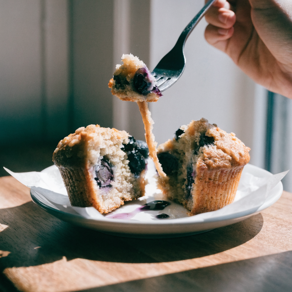 Close-up of tall & tender blueberry muffin recipe