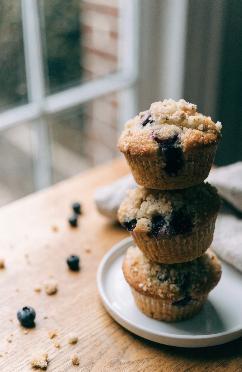 Tall blueberry muffin with crumb topping on a white plate, blueberry muffin recipe visible with berries and a fork