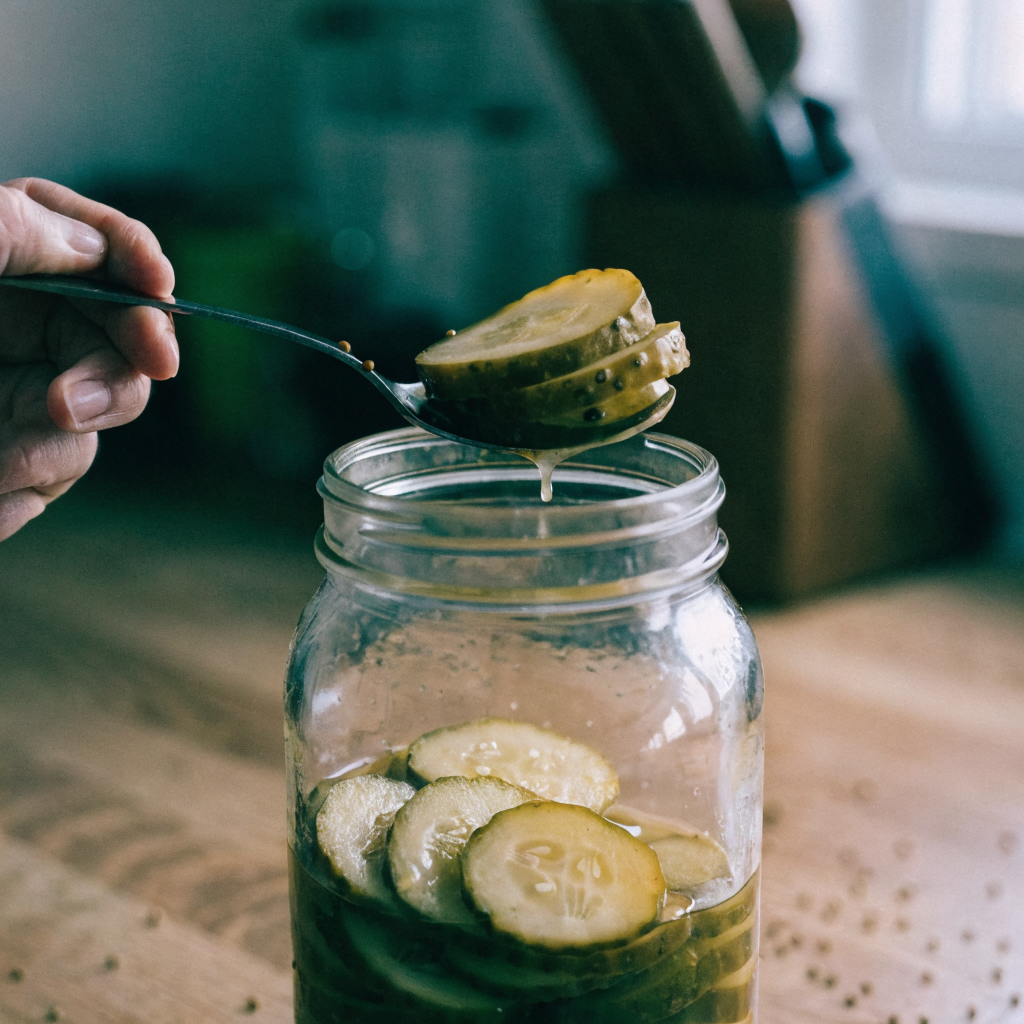 Close-up of classic bread and butter pickles (canning or quick fridge method)