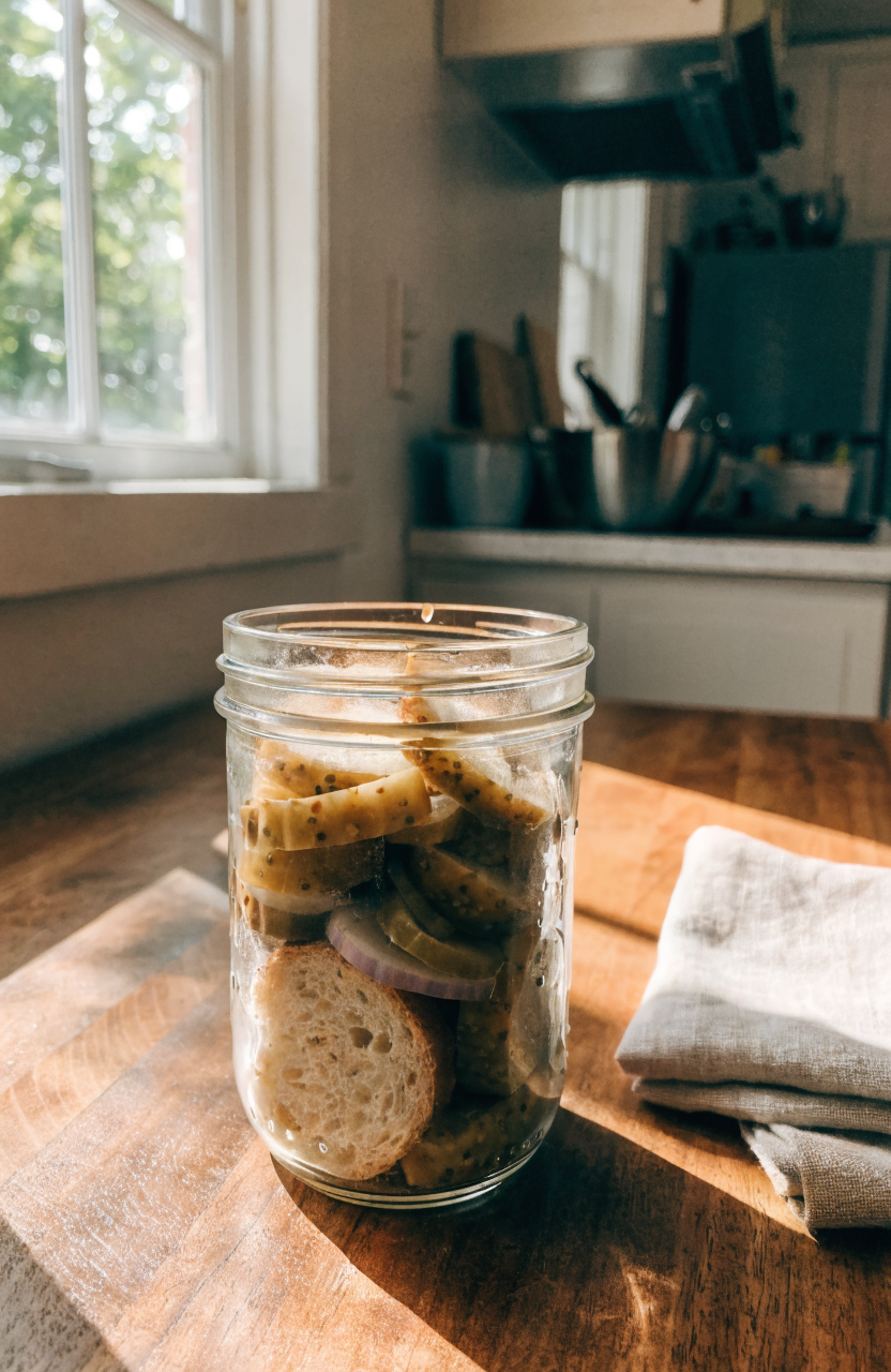 Stack of sliced bread and butter pickles in a mason jar with dill and mustard seeds.
