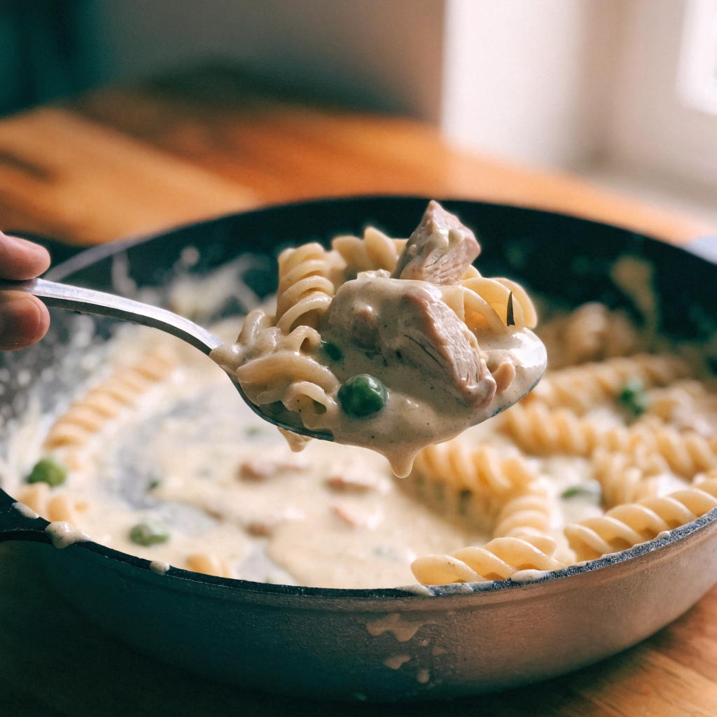 Close-up of crock pot chicken pot pie pasta