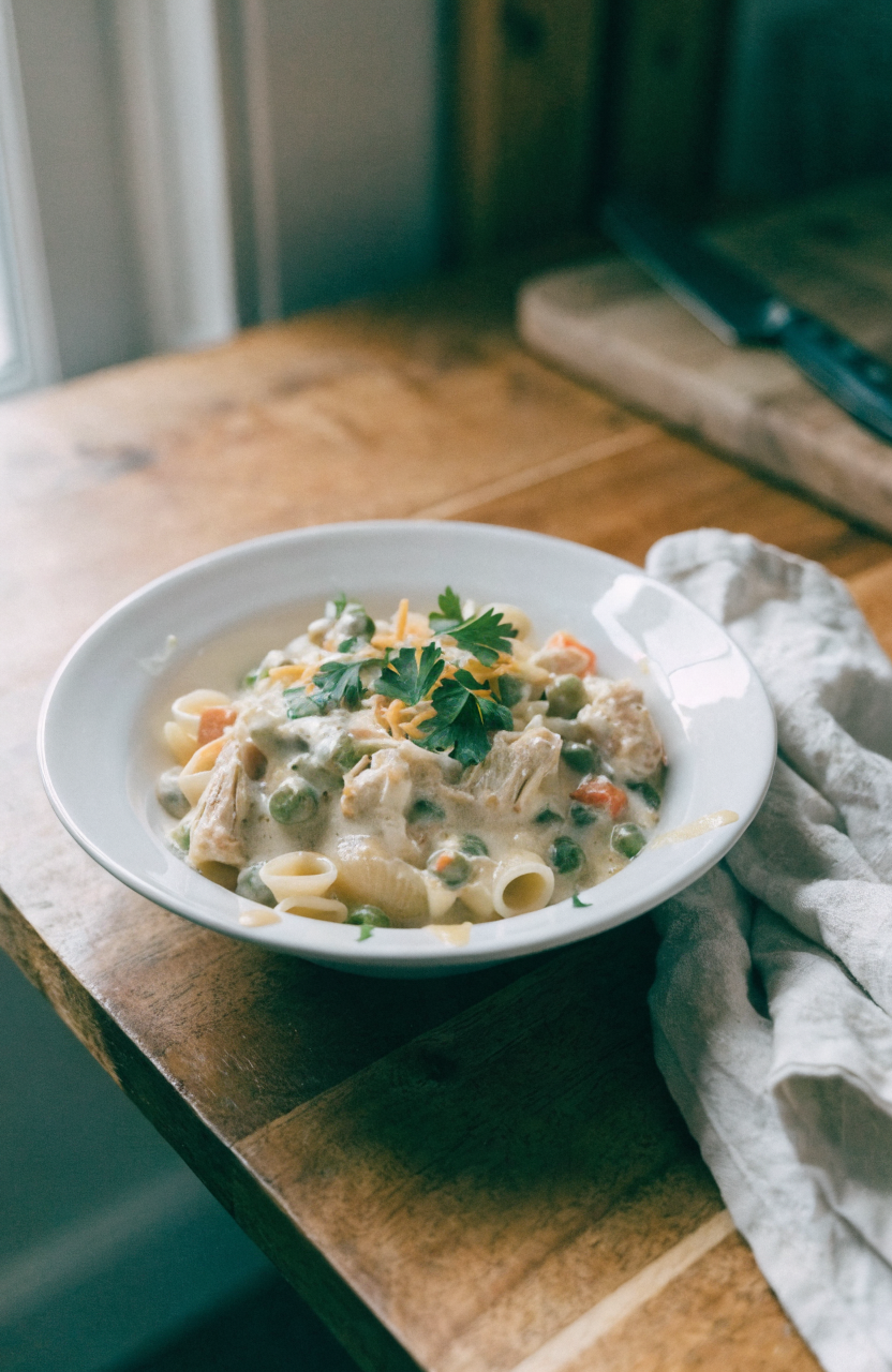 Creamy chicken pot pie pasta in a shallow bowl with parsley garnish showing chicken, peas, and pasta