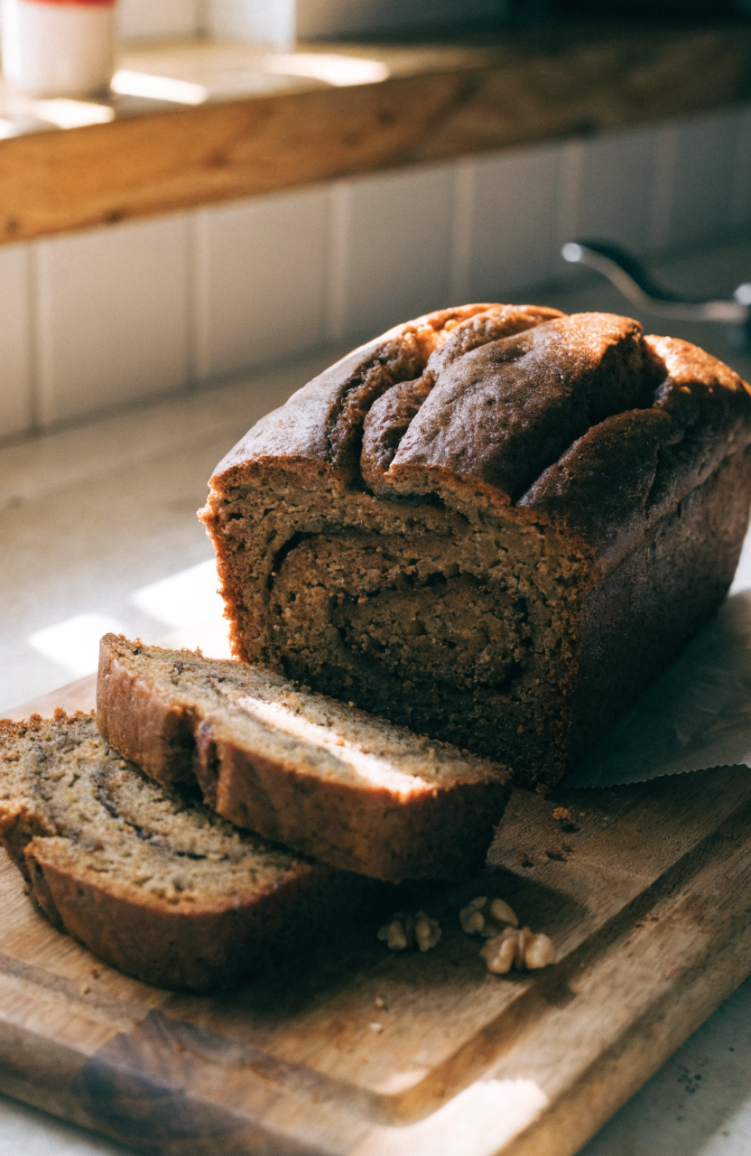 A sliced cinnamon swirl zucchini bread on a wooden board with a visible cinnamon ribbon