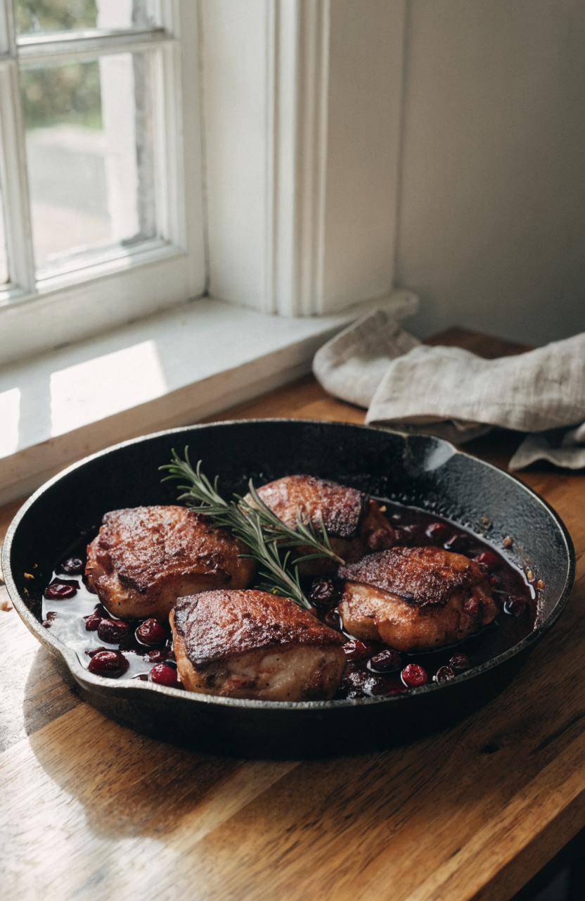 Cranberry rosemary chicken on a skillet with glossy reduced sauce and rosemary sprigs