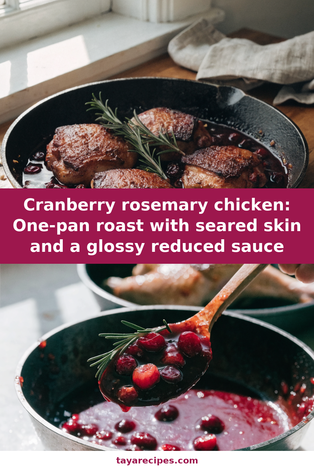 Cranberry rosemary chicken: One-pan roast with seared skin and a glossy reduced sauce Pinterest recipe pin