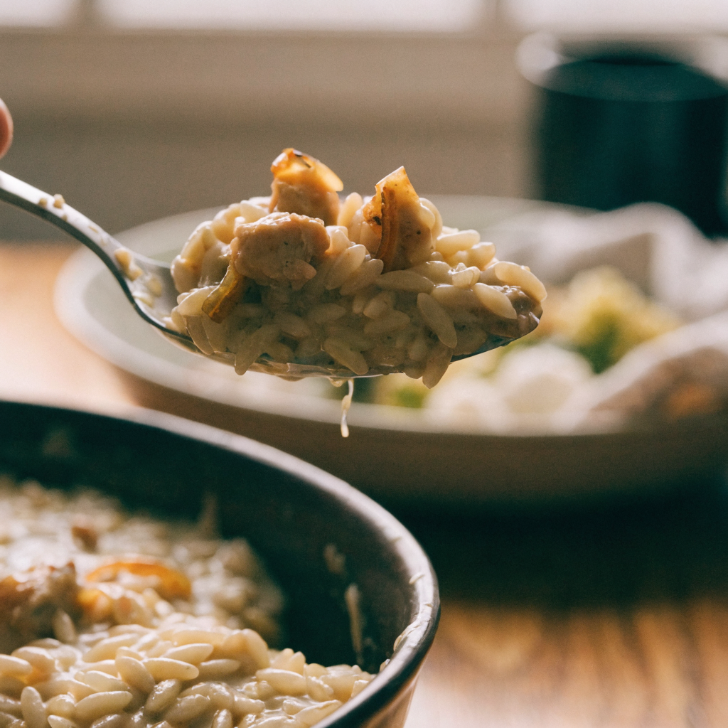 Close-up of french onion chicken orzo casserole