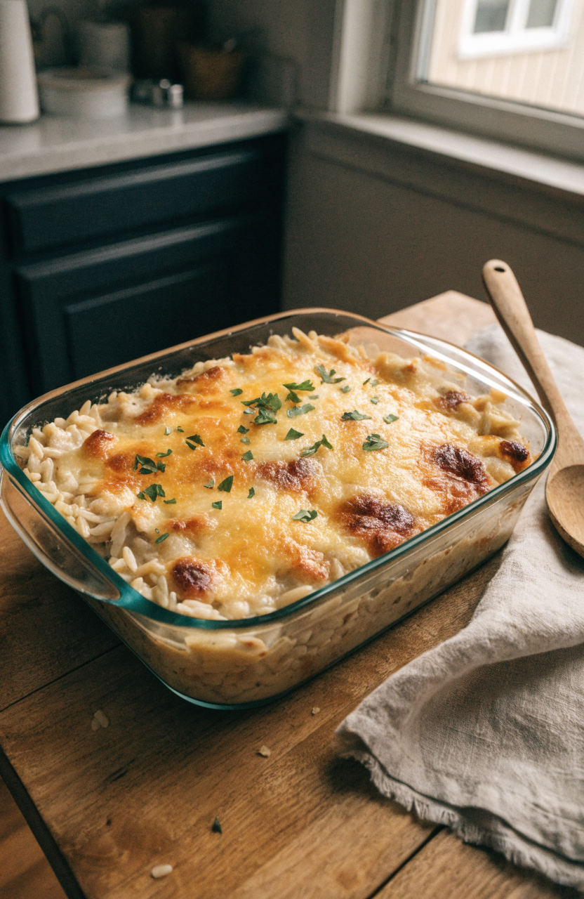 Baked French onion chicken orzo casserole in a 9x13 dish with melty Gruyère and parsley