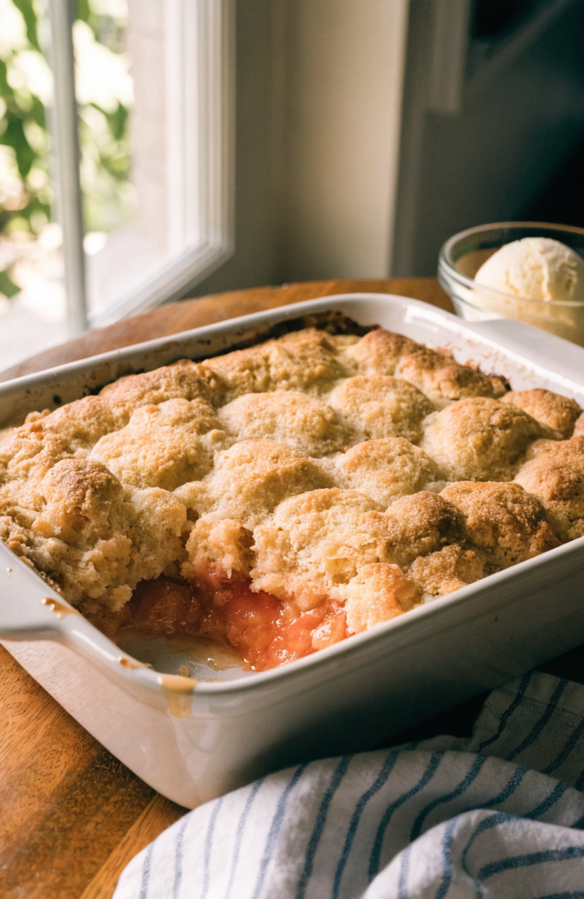 Fresh peach cobbler with golden drop-biscuit topping served in a 9x13 dish with a scoop of ice cream
