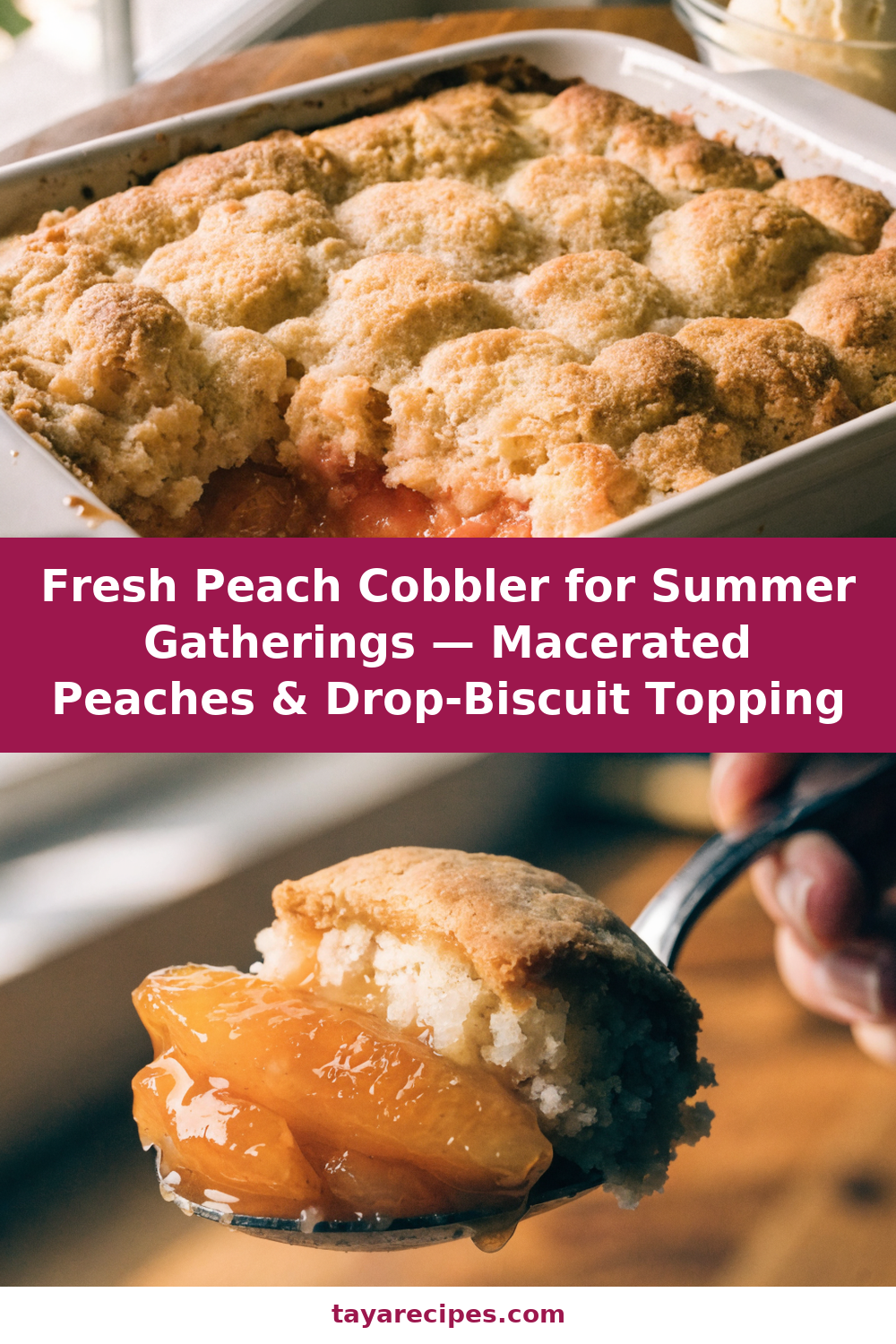 Fresh Peach Cobbler for Summer Gatherings — Macerated Peaches & Drop-Biscuit Topping Pinterest recipe pin