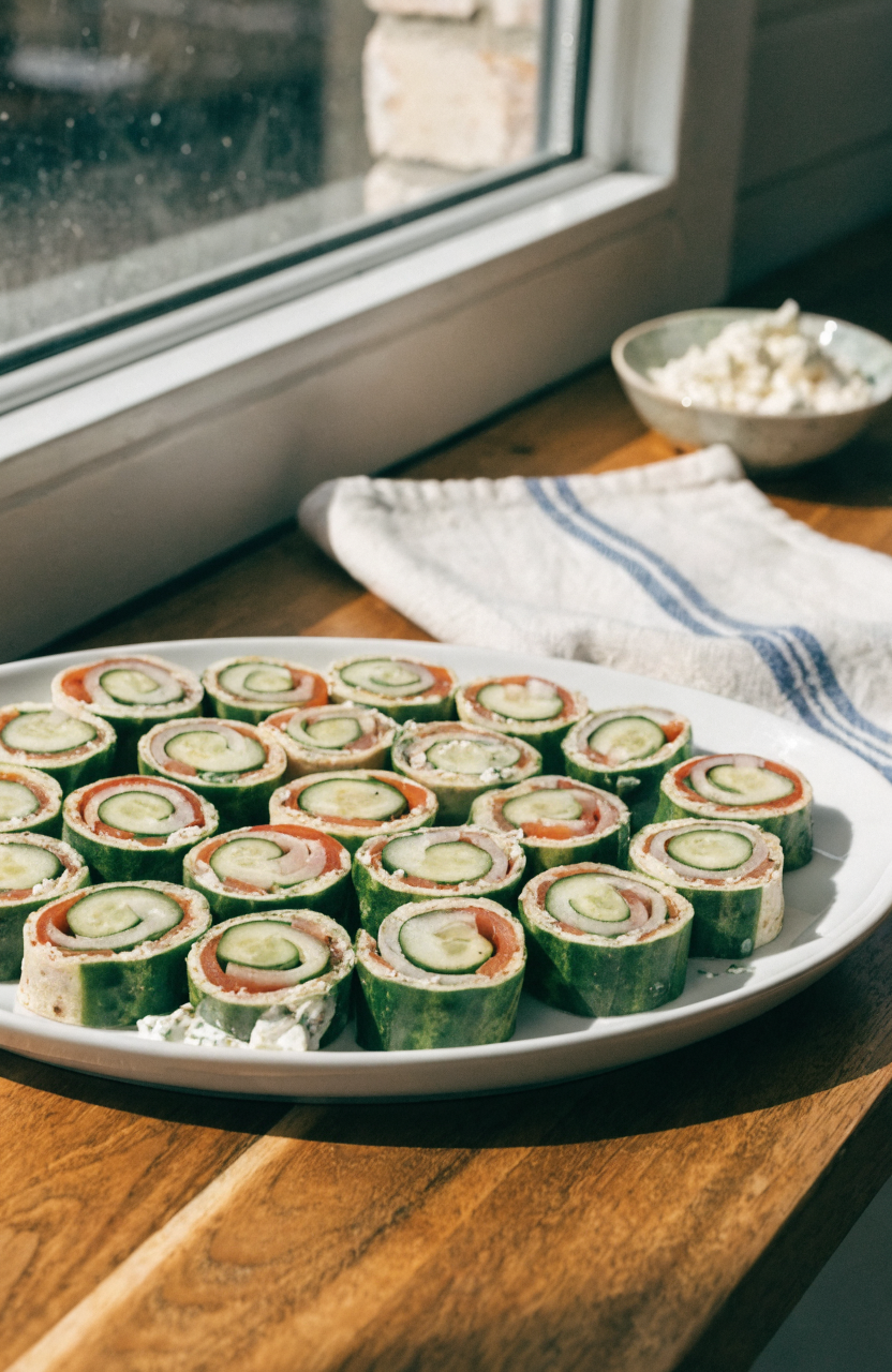 Tray of Greek salad pinwheels with spirals of yogurt-herb spread and vegetables