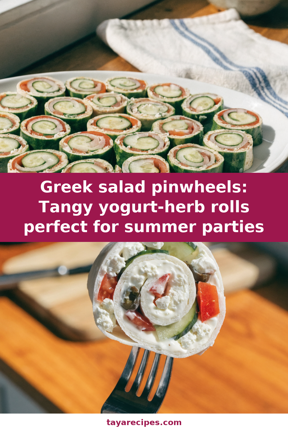 Greek salad pinwheels: Tangy yogurt-herb rolls perfect for summer parties Pinterest recipe pin