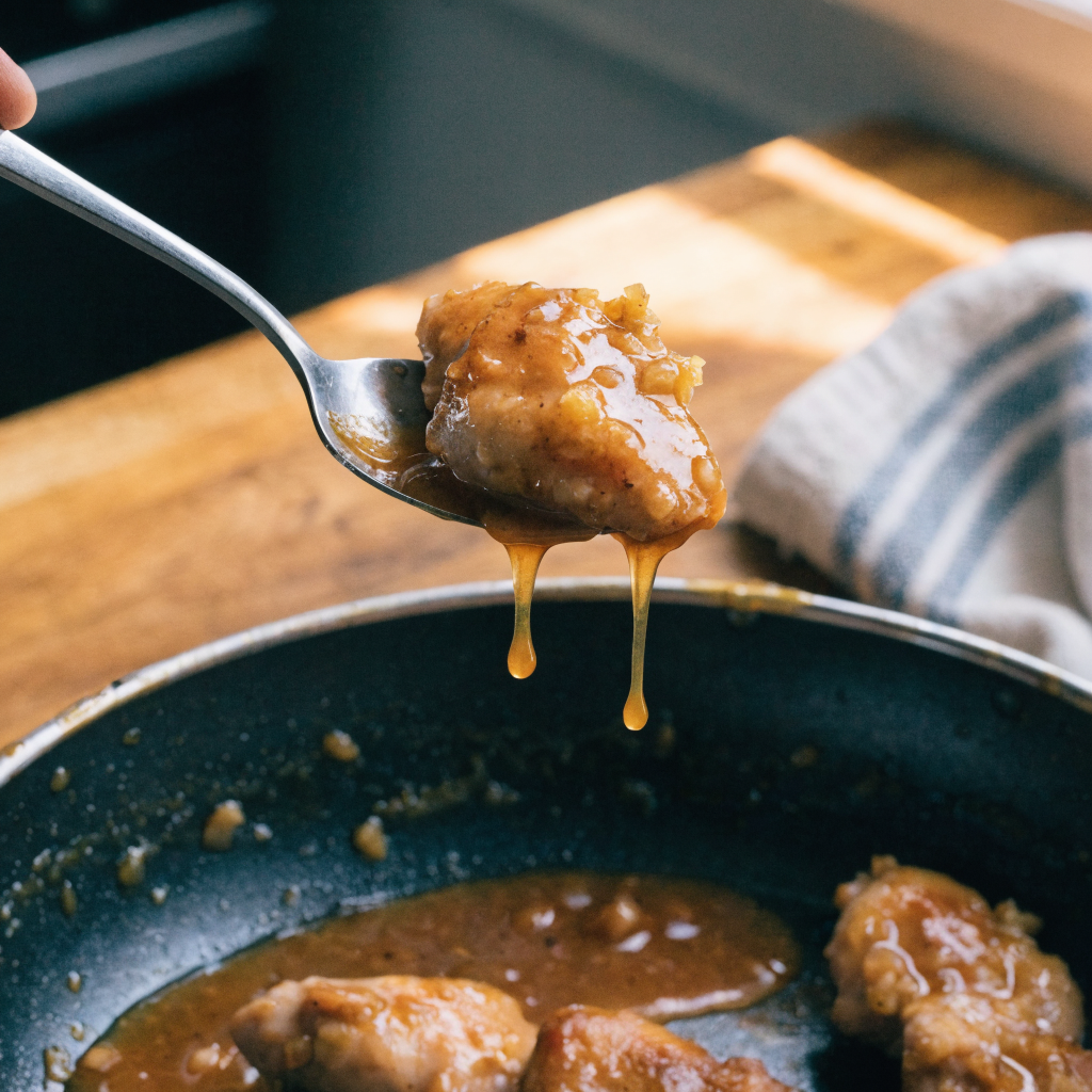 Close-up of honey garlic chicken (sticky, oven-finished sauce)