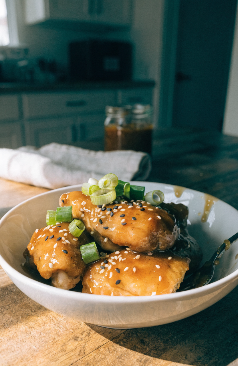 Honey garlic chicken sliced with glossy sauce and green onions on a white plate