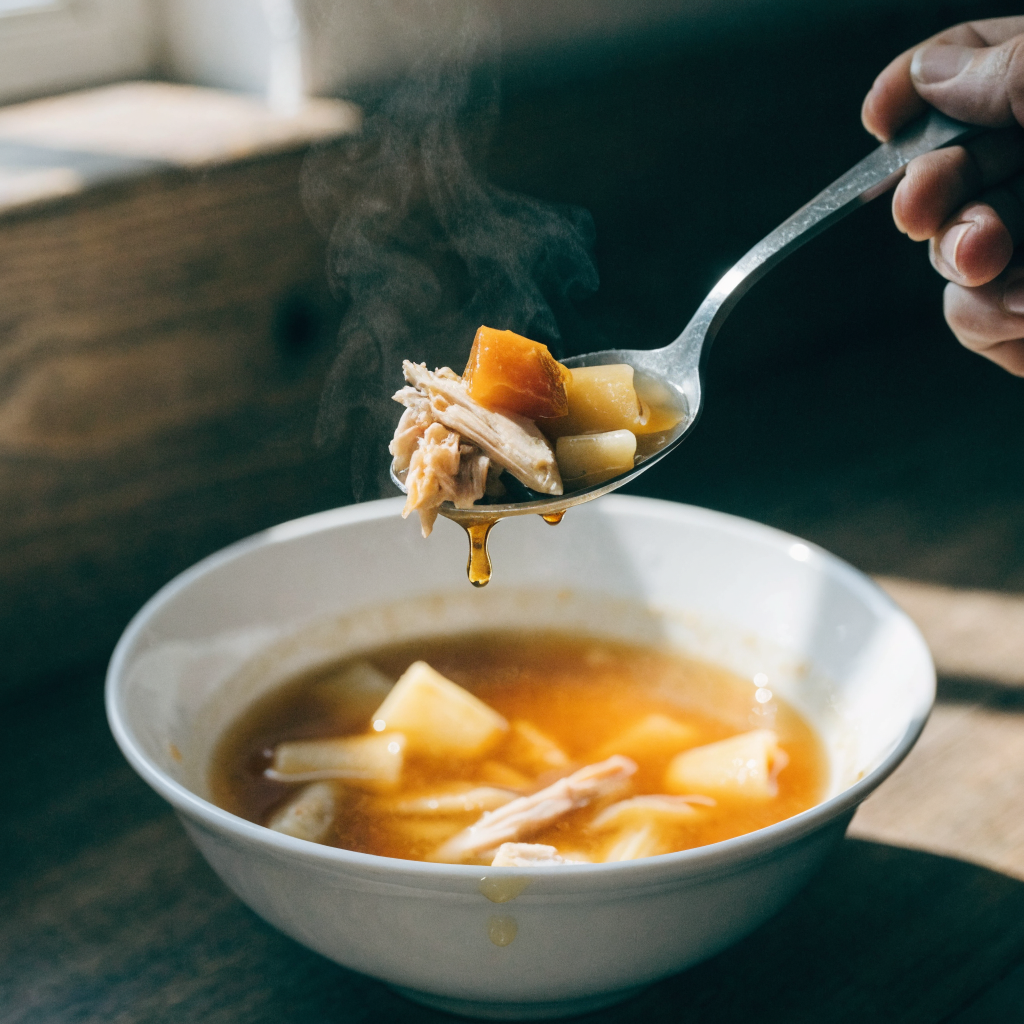 Close-up of italian chicken and autumn veggie soup