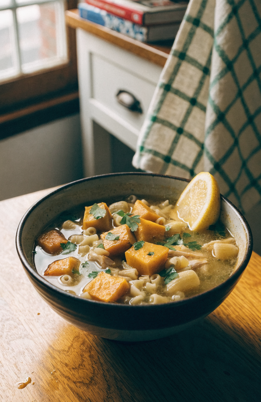 Bowl of Italian chicken soup with roasted squash and shredded chicken, garnished with parsley and lemon twist