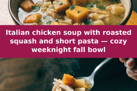 Italian chicken soup with roasted squash and short pasta — cozy weeknight fall bowl Pinterest recipe pin