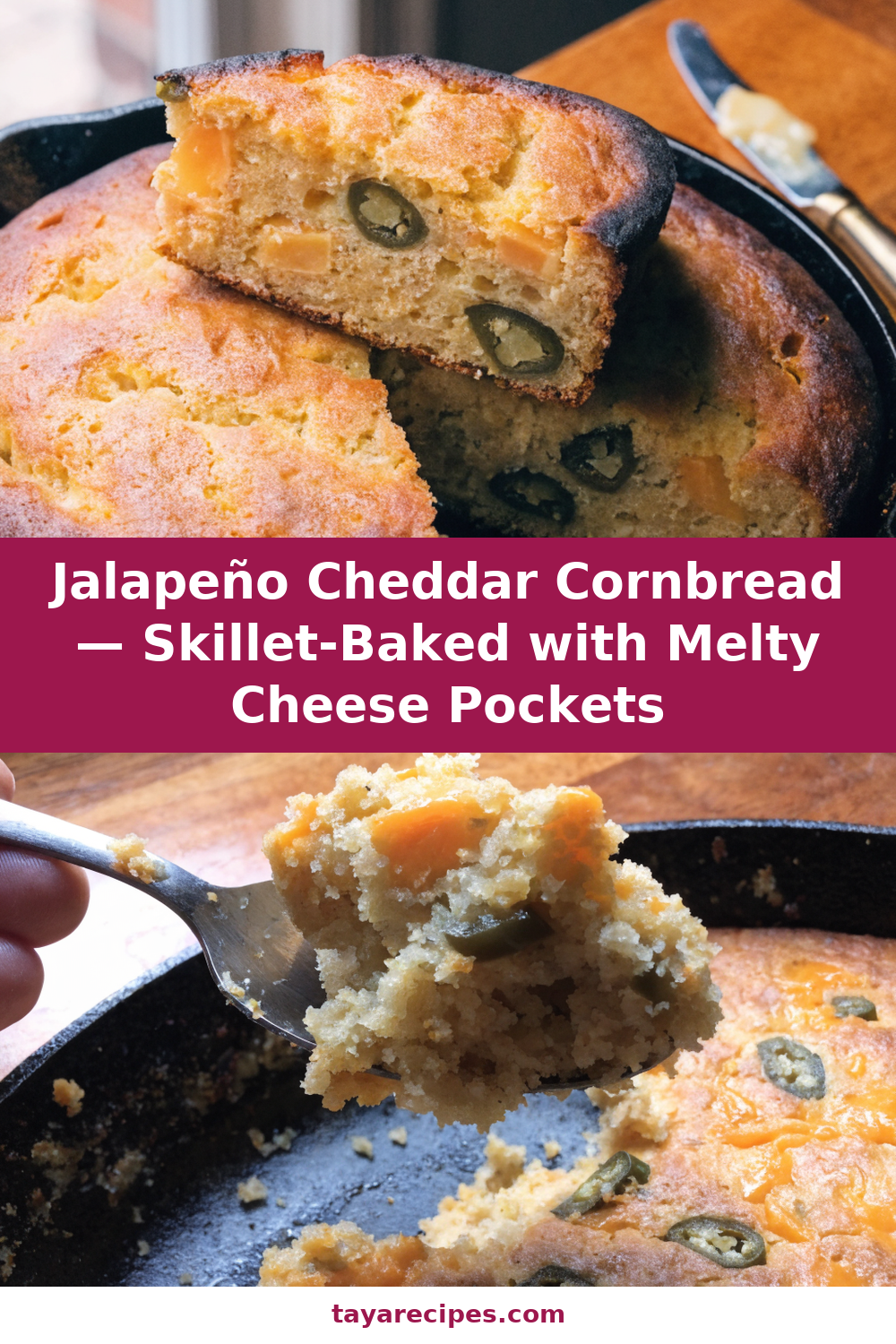 Jalapeño Cheddar Cornbread — Skillet-Baked with Melty Cheese Pockets Pinterest recipe pin