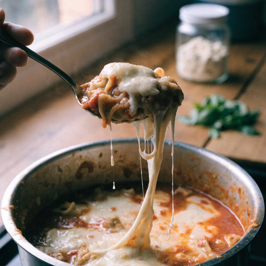 Close-up of one-pot lasagna soup with ricotta and mozzarella