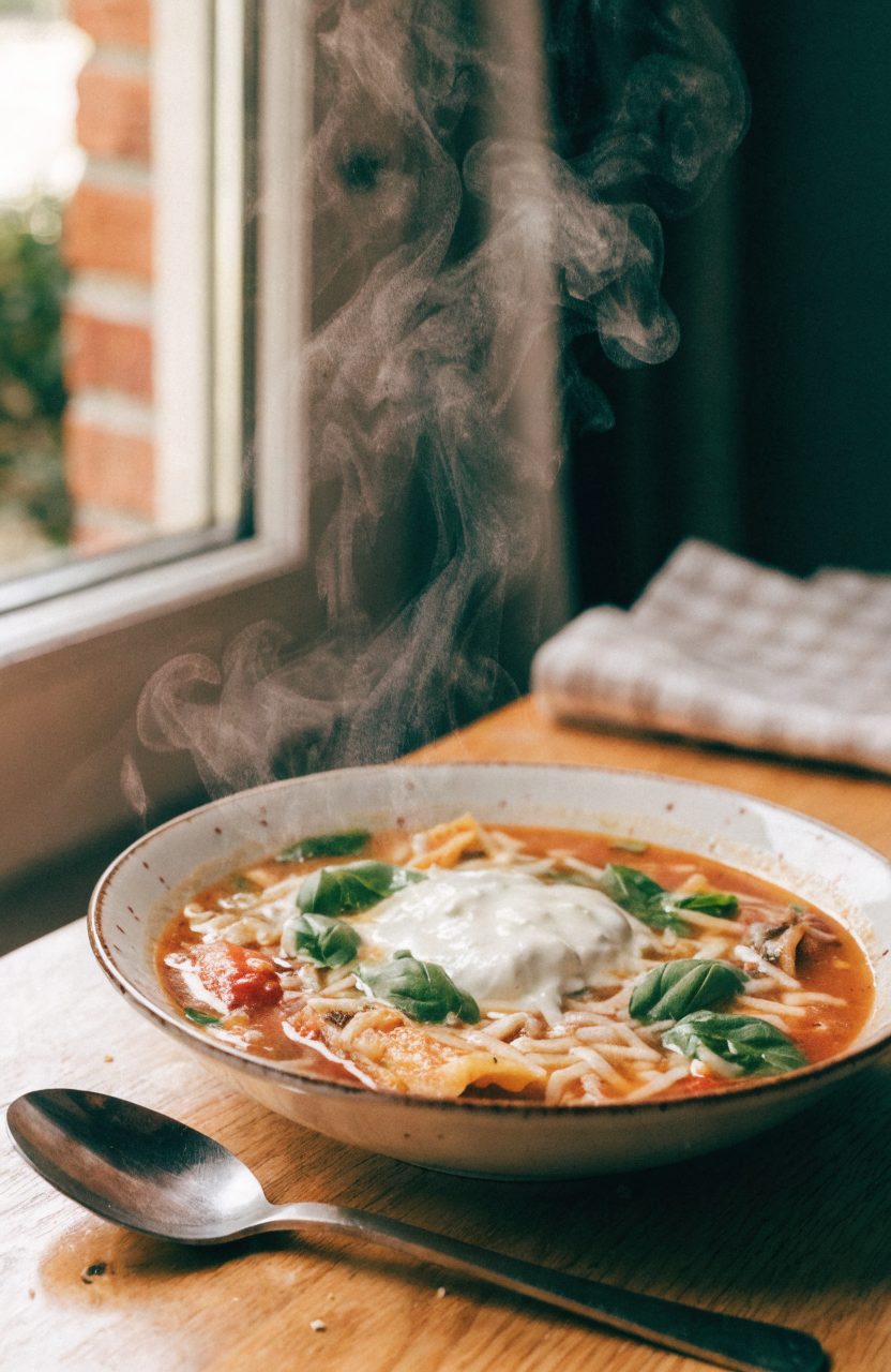 Bowl of lasagna soup with ricotta dollop and basil