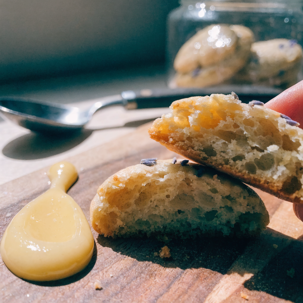 Close-up of lemon lavender cookies with lemon glaze