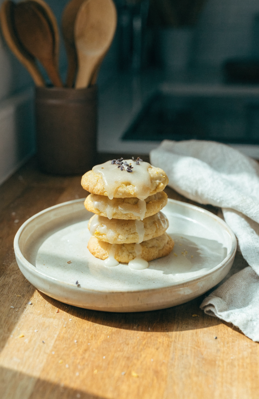 Plate of lemon lavender cookies with glaze and lemon zest