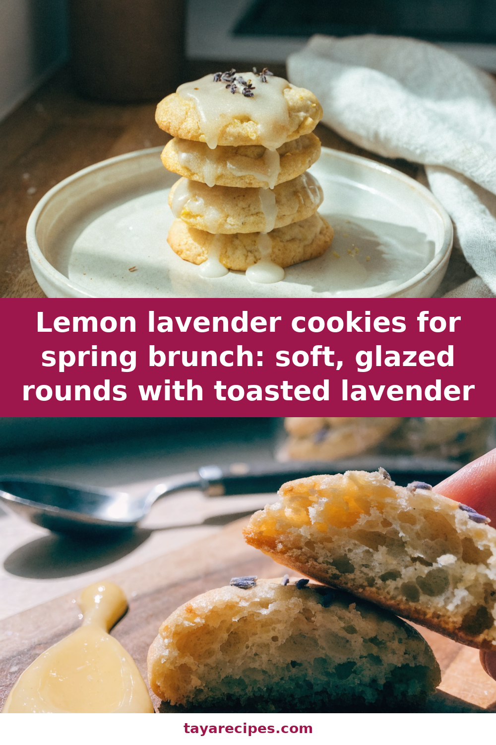 Lemon lavender cookies for spring brunch: soft, glazed rounds with toasted lavender Pinterest recipe pin
