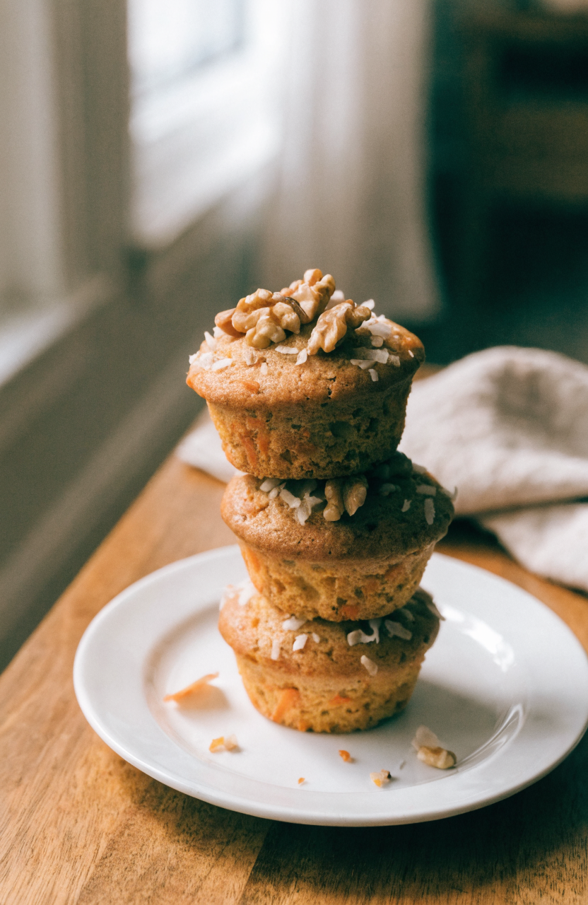 A plate of morning glory muffins with visible shredded carrot and toasted walnuts