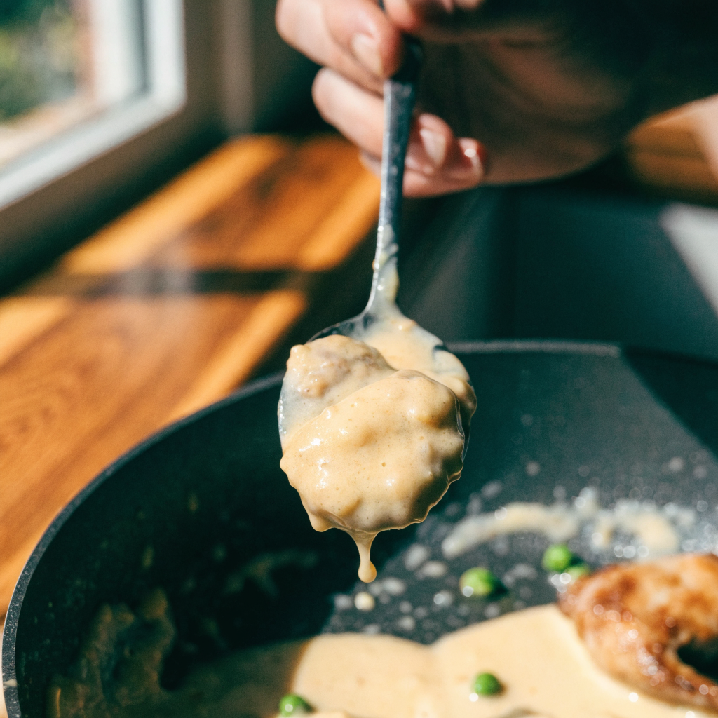 Close-up of one pot gnocchi chicken pot pie