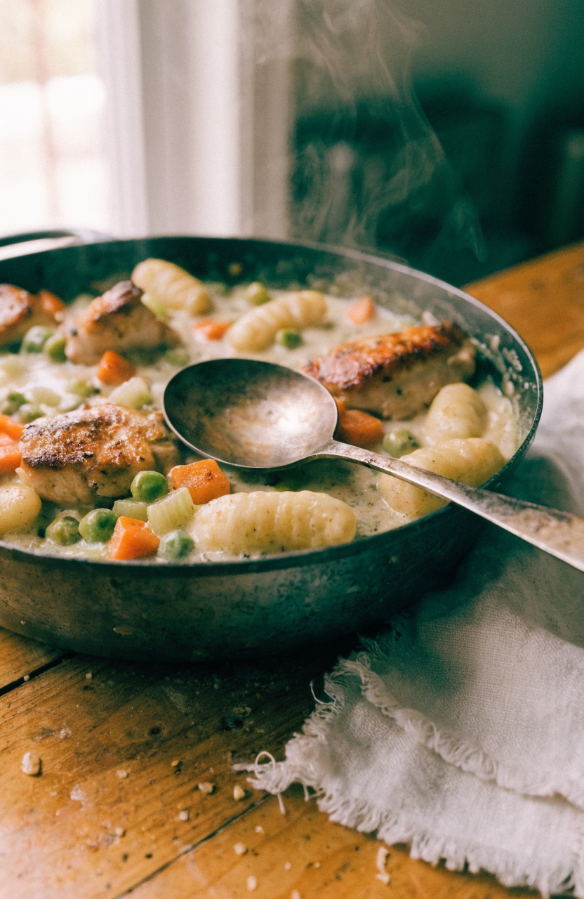Skillet of one pot gnocchi chicken pot pie with golden-browned chicken and peas