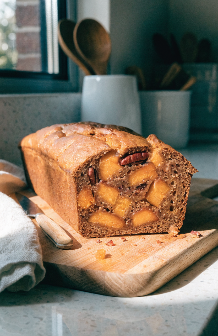 A sliced peach pecan bread loaf on a wooden board with visible toasted pecans and diced peaches