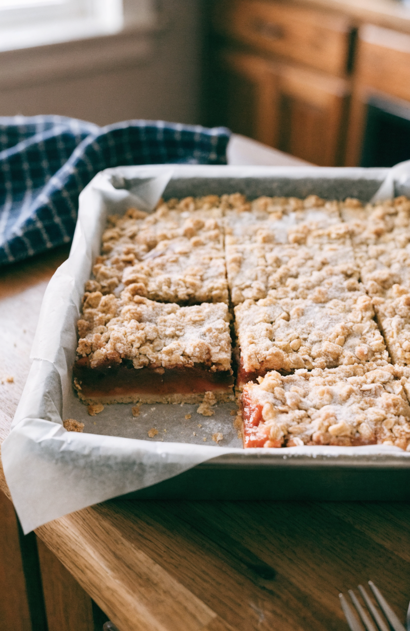 Peach pie crumble bars on a wooden board with a bite taken showing the peach filling