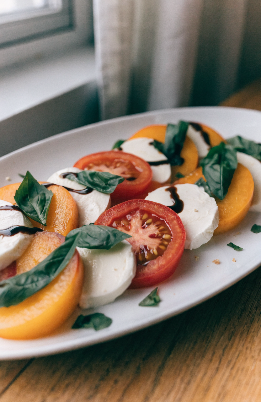 Peach tomato caprese arranged on a white platter with basil and balsamic drizzle