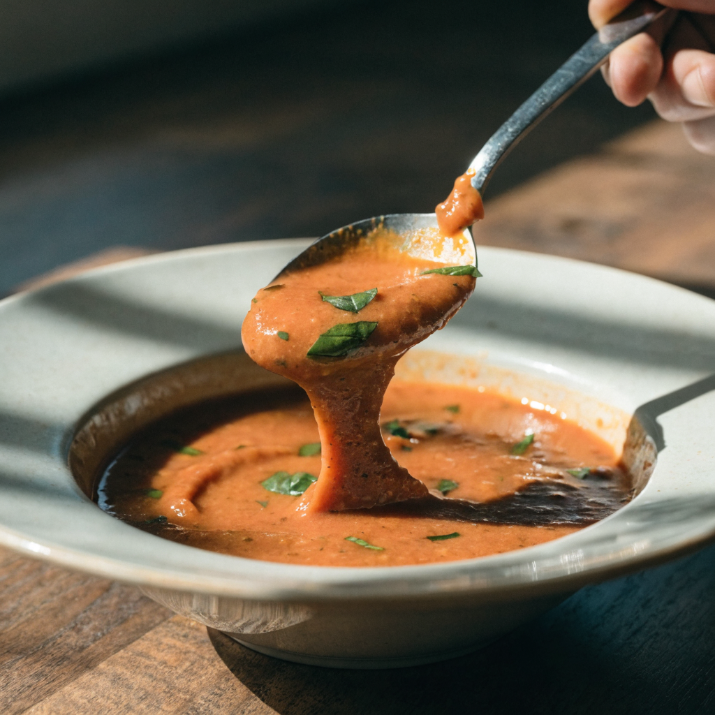 Close-up of roasted tomato basil soup