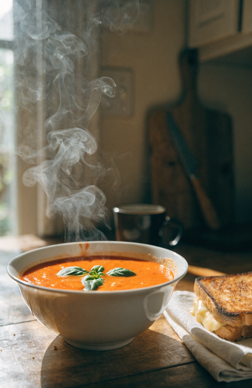 Bowl of roasted tomato basil soup with basil leaves and grilled cheese on the side
