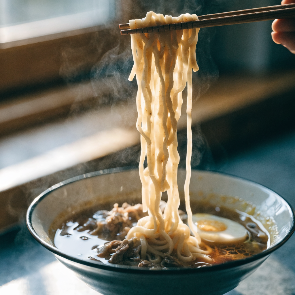 Close-up of slow cooker curry ramen with beef